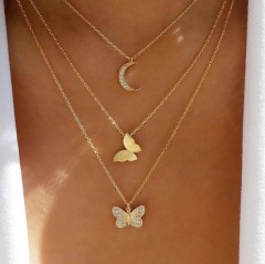 New rhinestone butterfly creative simple three-layer necklace