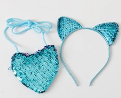Cat Ears Children's Headband Sequin Small Bag Peach Heart Crossbody Bag Set