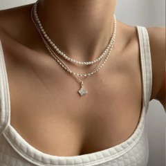 Vintage Style Shiny Butterfly Rhinestones Pearl Beaded Chain Layered Necklaces