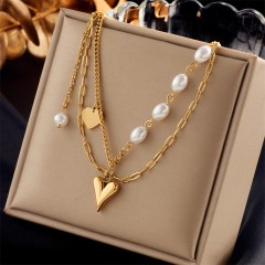 Vintage Style Titanium Stainless Steel Pendant Necklace Pearl