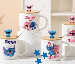 Stitch pink ceramic mug with matching lid and spoon b