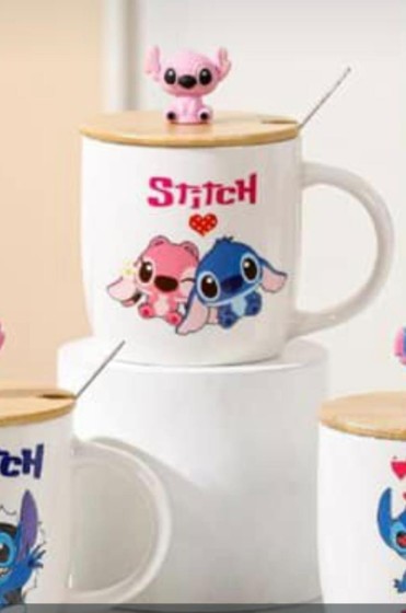 Stitch pink ceramic mug with matching lid and spoon