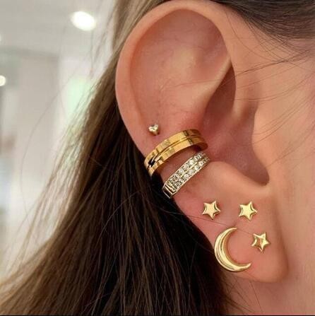 Moon and stars golden cuff earrings set